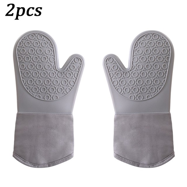 Non-slip Silicone Oven Mitt Heat Resistant Waterproof Long Cotton Kitchen Baking Waterproof Long Cotton Kitchen Baking Gadgets: Grey 2pcs