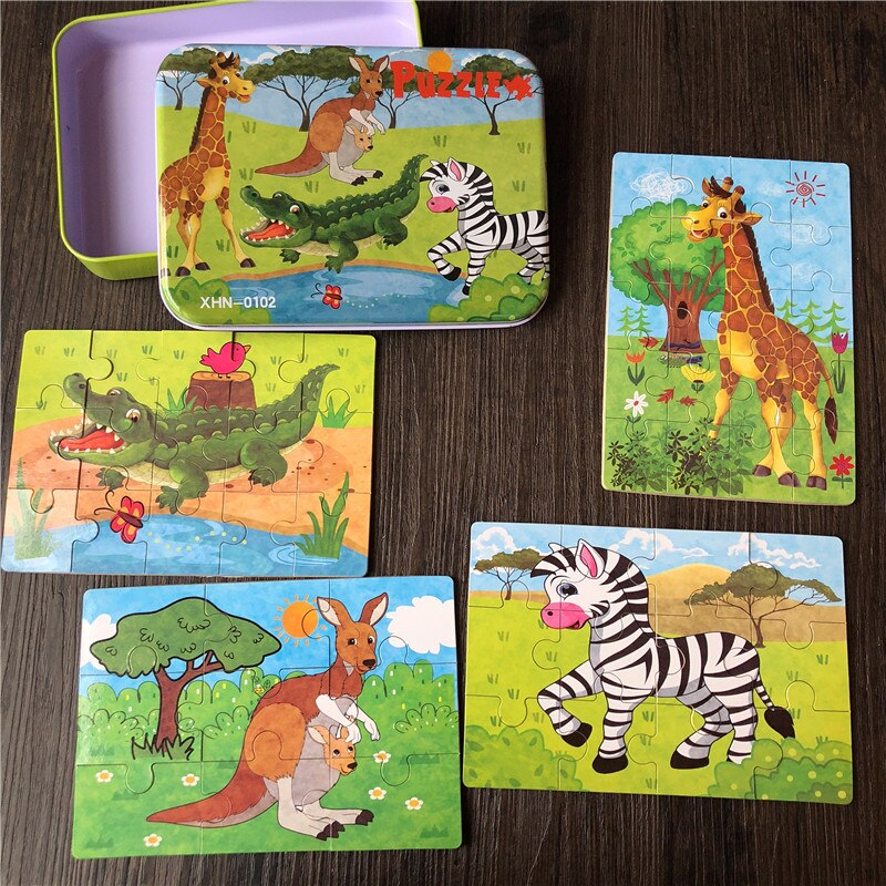 4 In 1 Puzzles 9/12/15/20Pcs Puzzles/Set With Iron Box Wooden Toys For Kids Educational Baby Toys Learning: Giraffe