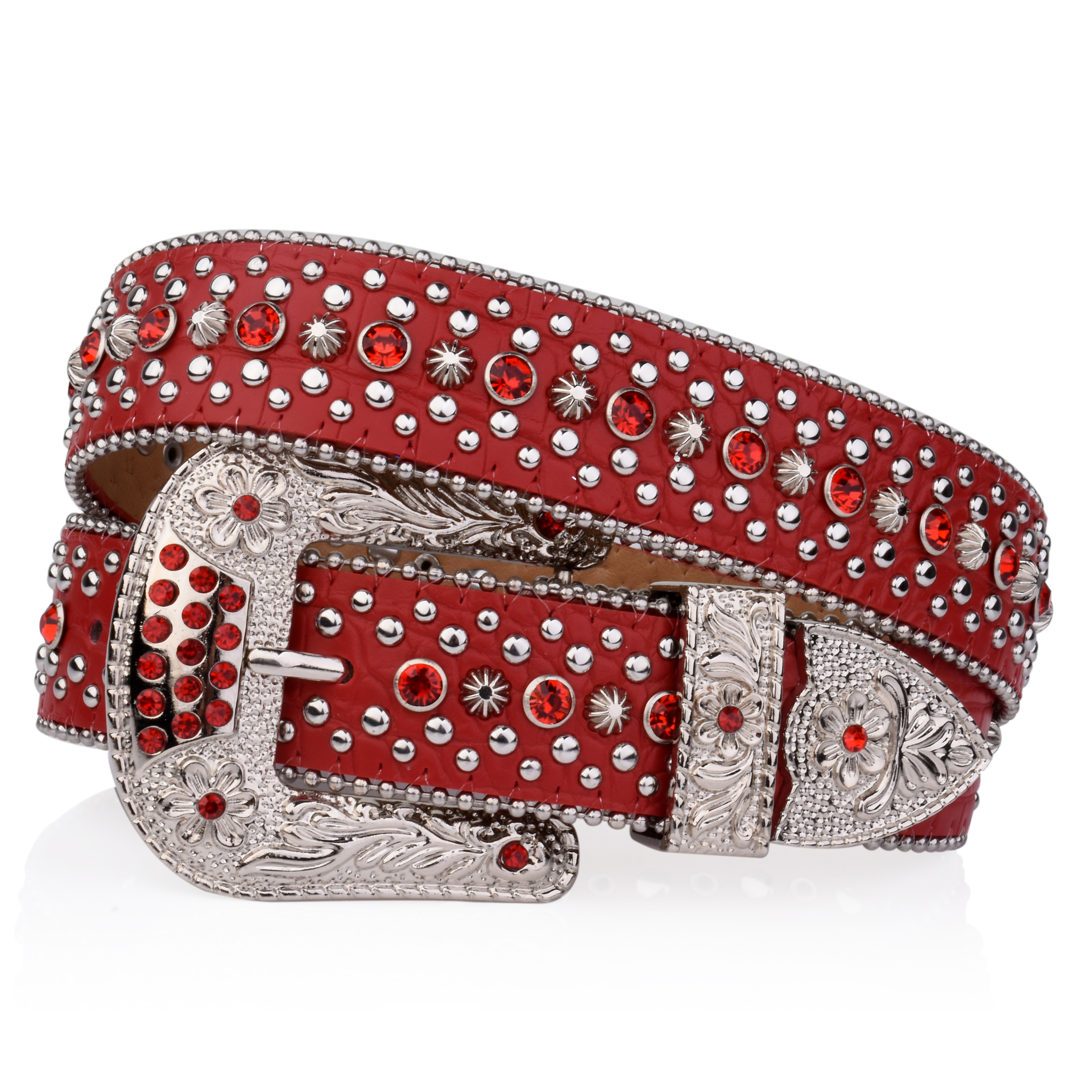 Ceinture Punk rock pour femmes, strass de luxe, bouton brillant, décorée en PU, Y2K, rétro, pour jeans pour hommes: Rouge / 135 cm