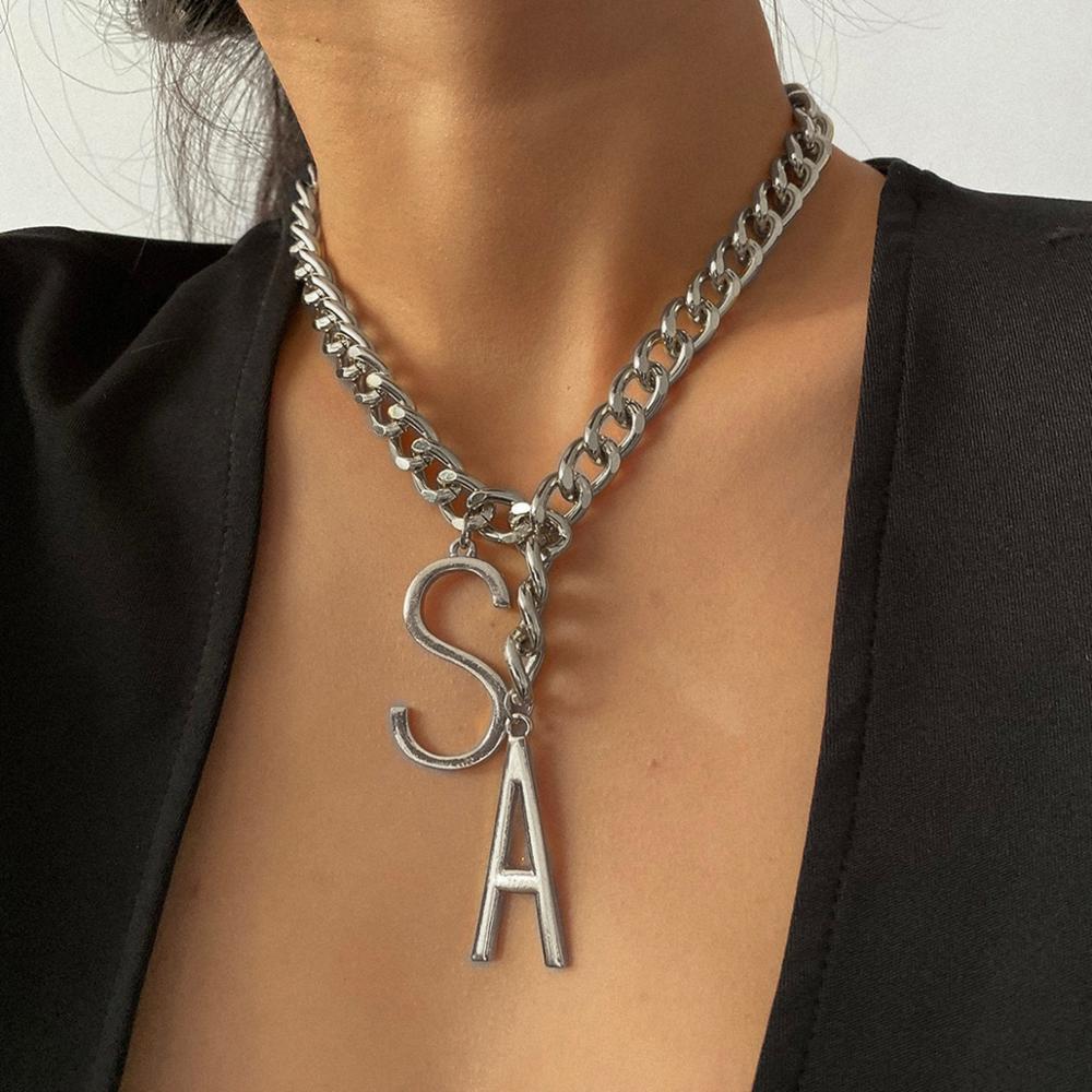 Lacteo Miami Cuban Chain Big Letter S A Pendant Necklace Punk Chunky Thick Chain Charm Necklace Jewelry for Women Accessories