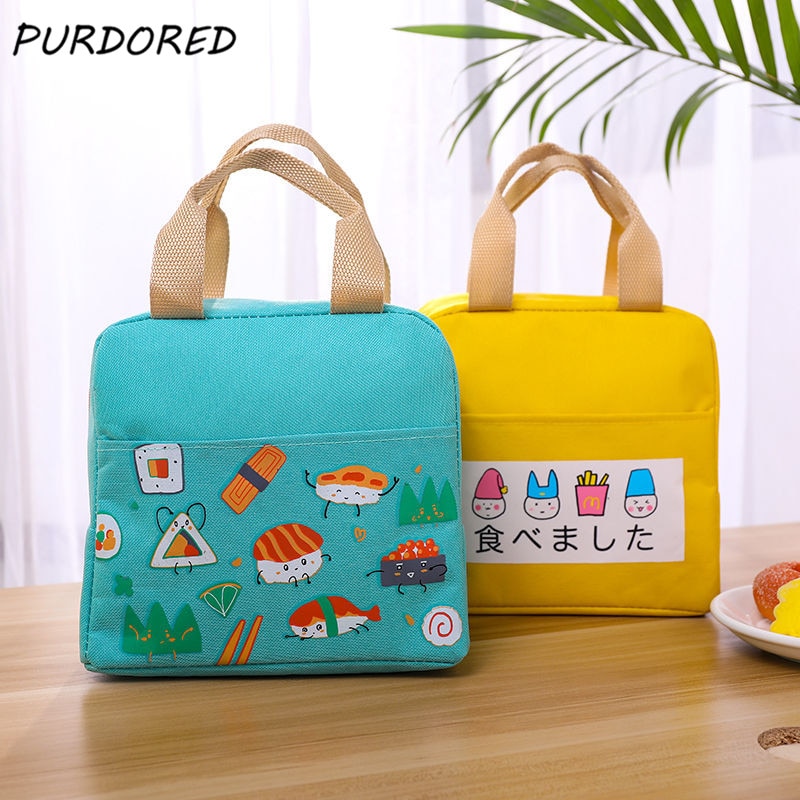 PURDORED 1 Pc Frauen Karikatur Mittagessen Tasche Nette Mittagessen Tasche für Mädchen Art Thermische Isolierte Mittagessen Kasten Tote Lebensmittel Picknick tasche Lagerung Beutel