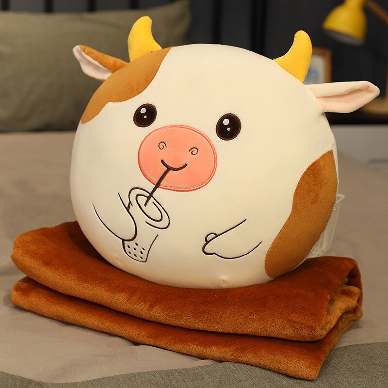 Manta suave tres en uno, cojines de vaca, dibujos decorativos, almohada de siesta, colcha de doble uso, de cumpleaños, felpa: brown with blanket