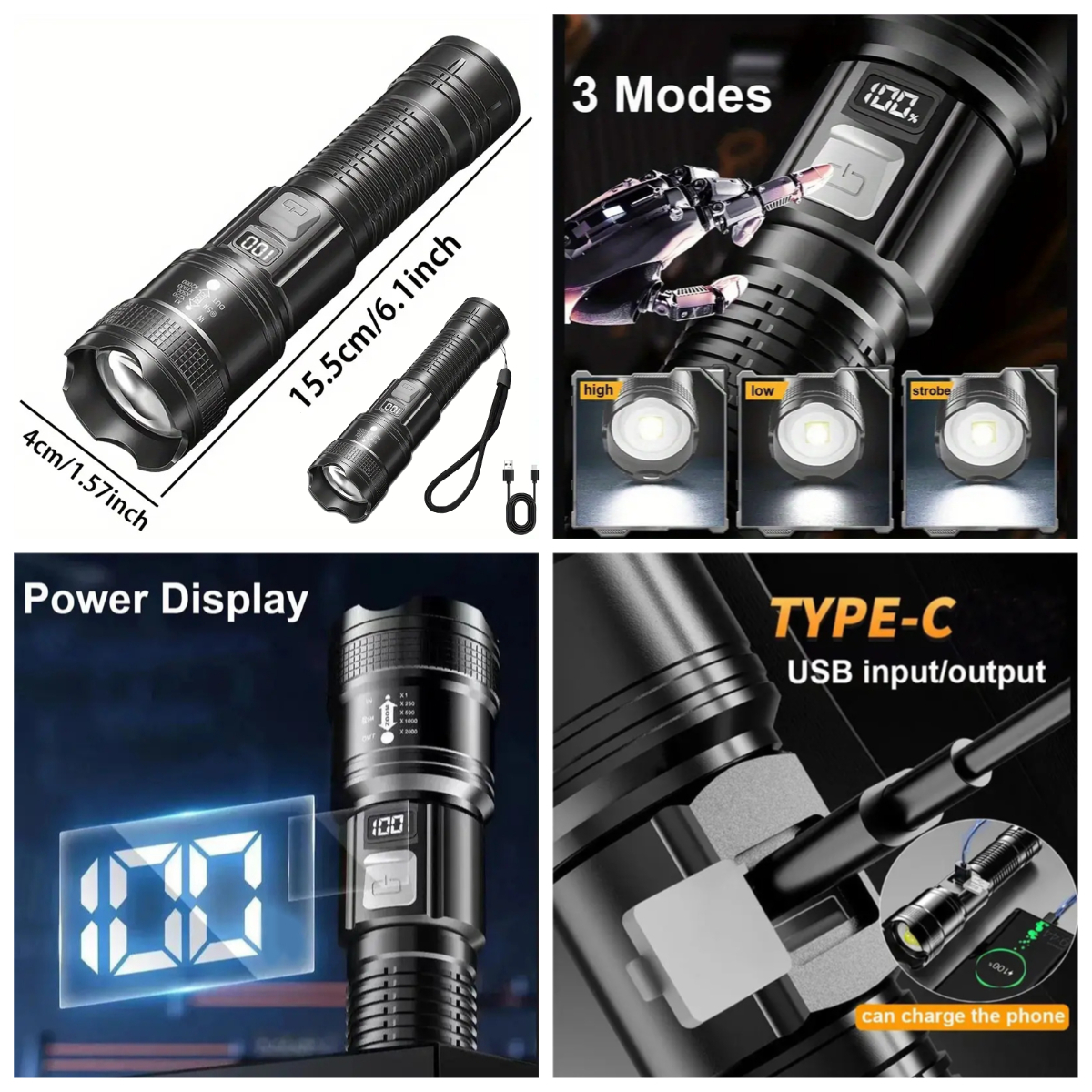 Rechargeable LED Flashlights Super Bright Portable Flashlights 3/5 Modes Telescopic Zoom Waterproof Handheld Torches