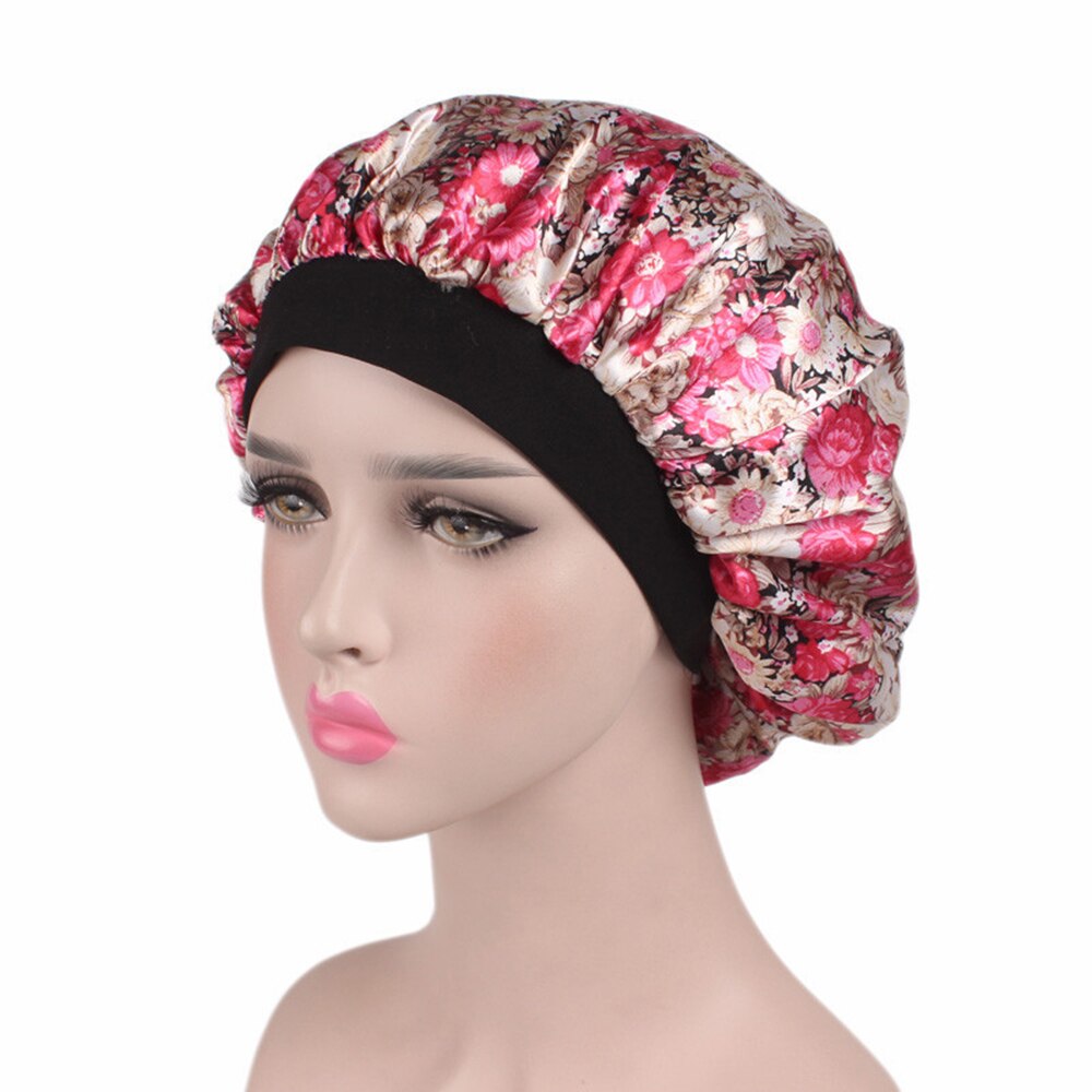 58 Cm Mode Vrouwen Satijn Nachtrust Cap Haar Motorkap Hoed Douche Caps Zijde Head Cover Brede Elastische Band: rose little flower