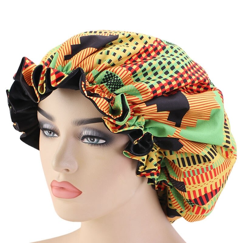 Extra grande taille cheveux casquettes modèle africain Satin Bonnet grande vague bord nuit sommeil casquette femmes fleur Turban outil de coiffure: green