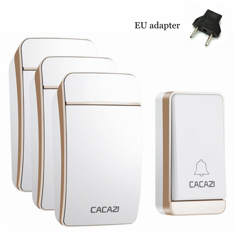 CACAZI Self-powered Wireless Doorbell Waterproof No Battery LED Flash 1 Button 3 Receiver Smart Home Cordless door bell chime: Gold 1x3 EU