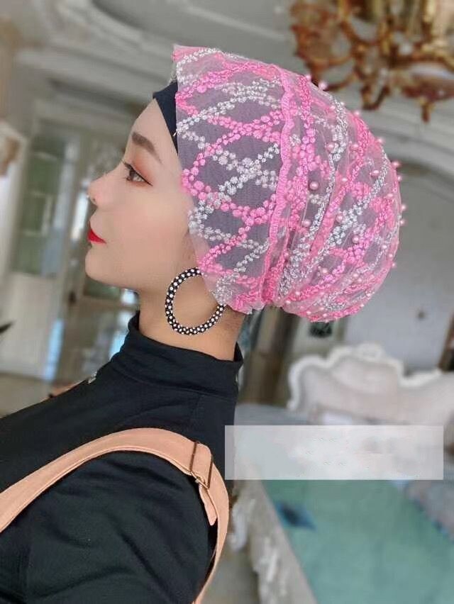 Gorra árabe con cuentas y rayas cruzadas para mujer, accesorios para la cabeza para niñas, gorro informal de Dubái de Color caramelo, turbante: Rosa