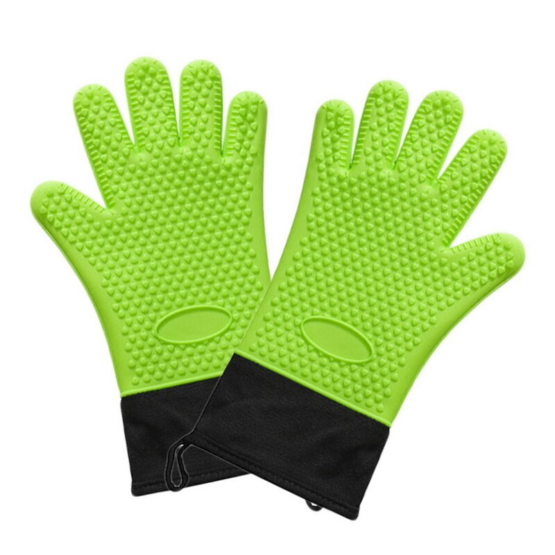 2 uds guante de silicona resistente al calor grueso BBQ Grill guantes cocina impermeable horno manoplas de cocina Grill hornear guantes: green