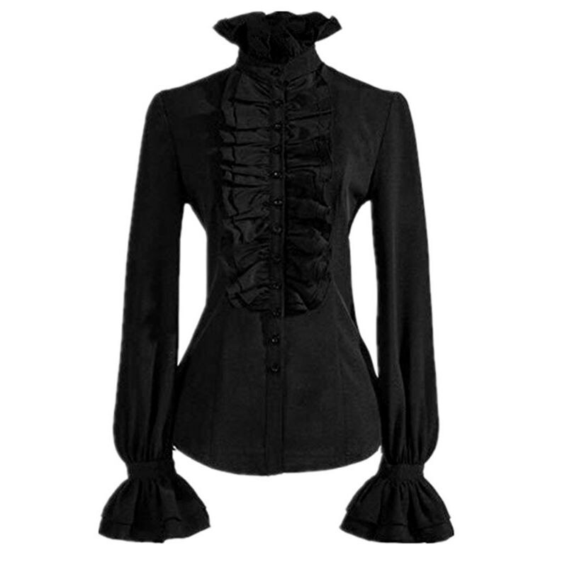 Camicia vittoriana Vintage da donna collo alto con volant camicetta abbottonata maniche lunghe vita sottile Office Lady Gothic Lotus top: black / M