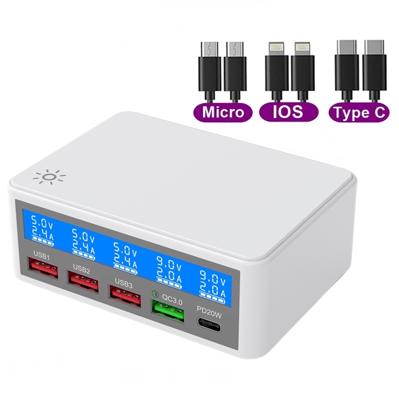 Universal 65W Multi 4 Port USB Fast Charger Portatil Quick Charge QC3.0 PD 20W Lcd Display Charging Station for Phone Tablet: green / BR