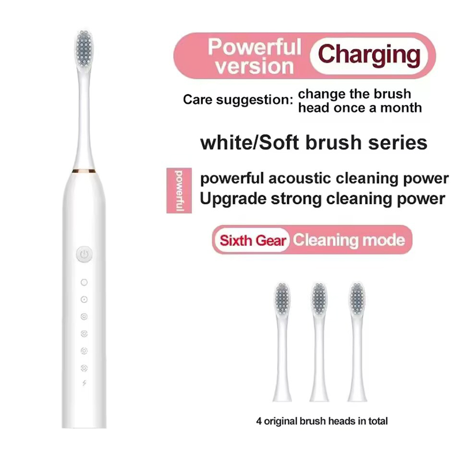 Brosse à dents électrique ultrasonique, Six vitesses, cheveux doux pour la maison, chargement USB, nettoyeur de dents étanche pour adulte, ensemble automatique pour Couple: BLANC