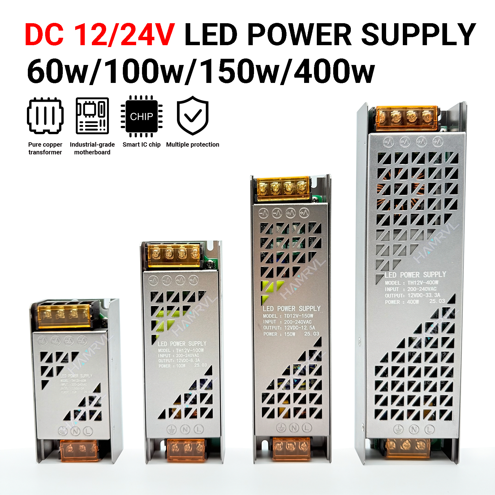 Ultratynd led-strimmeldriver 12v/24v - 60w/100w/150w/200w/300w/400w konstant spændingsstrømforsyning til hjemme-/erhvervsbelysning