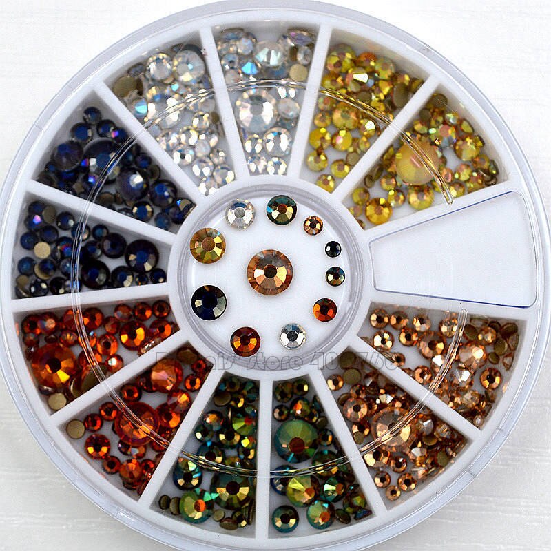 Mix Maten 6 Kleuren Multi-gekleurde Plaksteen Goud Bodem Ronde Facetten Nail Diamond Nail Art Glitter Steentjes Decoratie Wiel CF