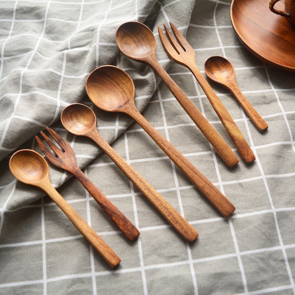 Natural Acacia Kitchen Wooden Spoon Salad Dinner Rice Serving Spoons Wood Fork Spoon Cutlery Tableware Coffee Mixing Spoon