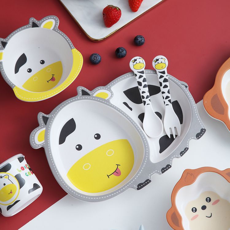 Bamboe Kinderen Servies Set, Kinderen Gerechten, Voedsel Plaat Kom Kop Lepel Vork Servies, Cartoon Servies, gezonde Maaltijd, Bpa Gratis
