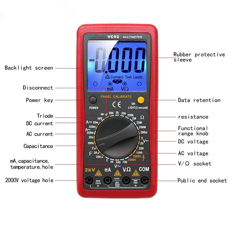 SZBJ-multímetro Digital VC92 LCD, diodo AC/DC, herramienta de Medición de Resistencia de capacitancia, medición de voltaje, 2KV, alto voltaje