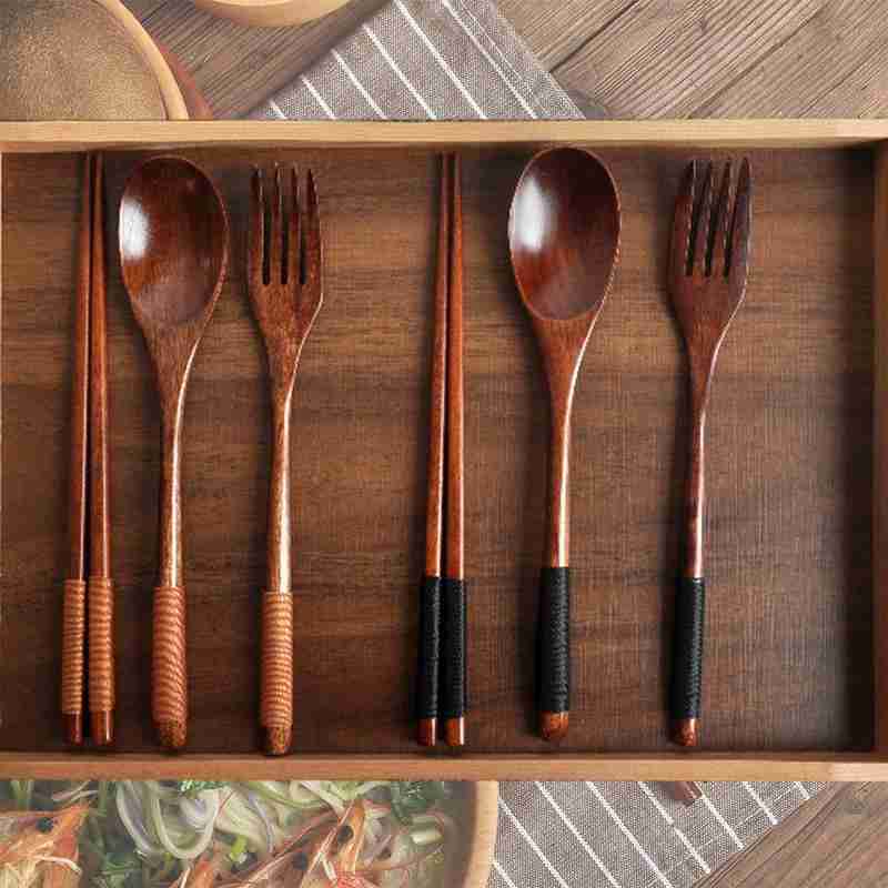 Ensemble de vaisselle en bois coréen, couleur en bois, cuillère en bois, baguettes de couple, longue cuillère en bois, fourchette baguettes h D3Z3 3 pièces