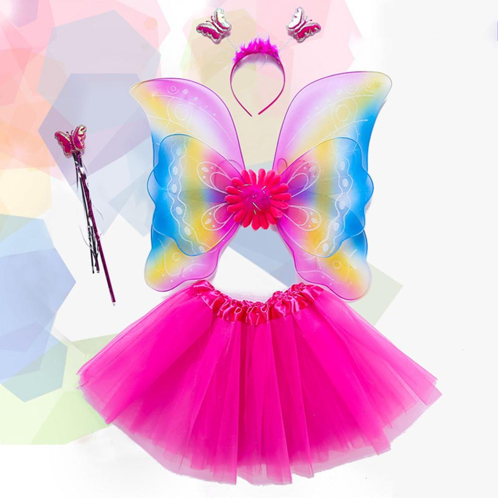 4 stk piger eventyr kostume sæt regnbue sommerfugl vinger tre lag tyl tutu nederdel tryllestav prinsesse halloween fest 3-8t