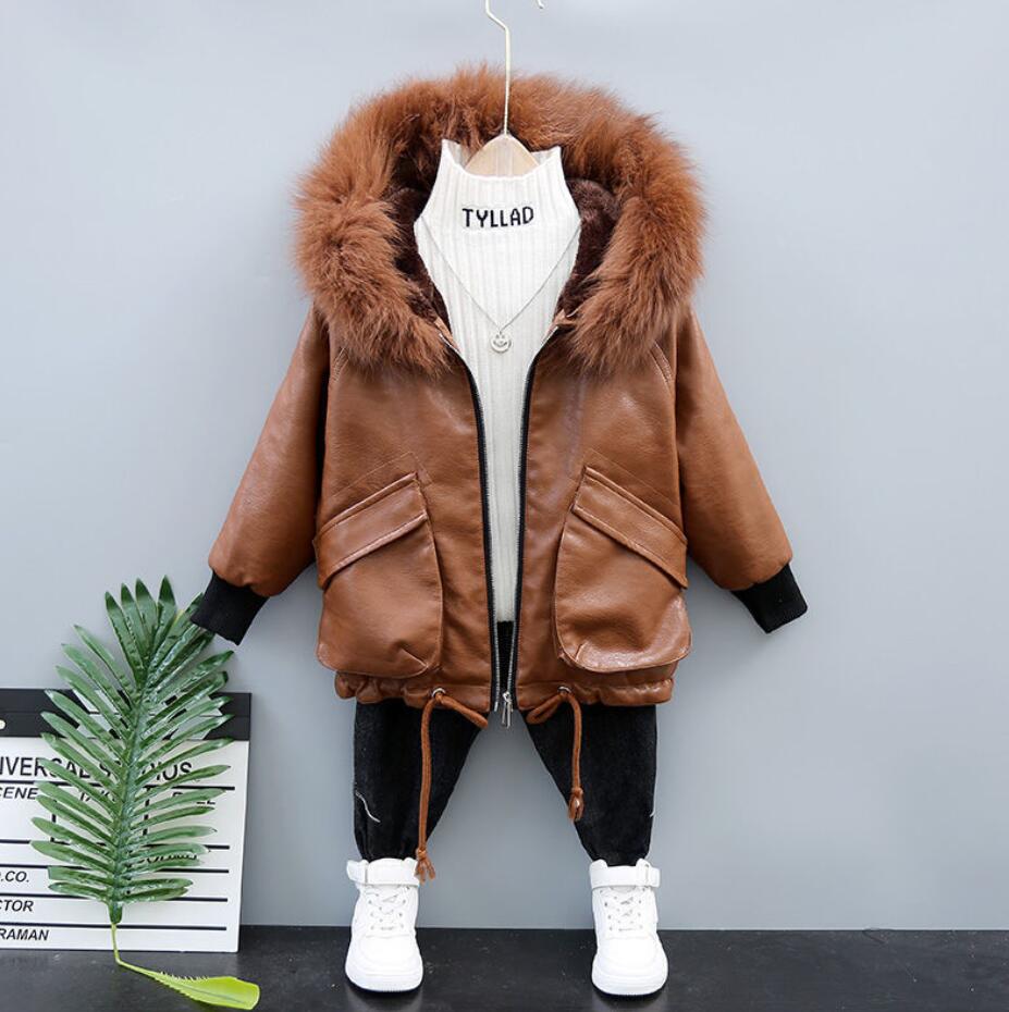 Kinderen Plus Dik Fluwelen Lederen Motorjas Kinderen Pu Leer Capuchon Leren Jas Jongens Warme Jassen: Khaki / 8T