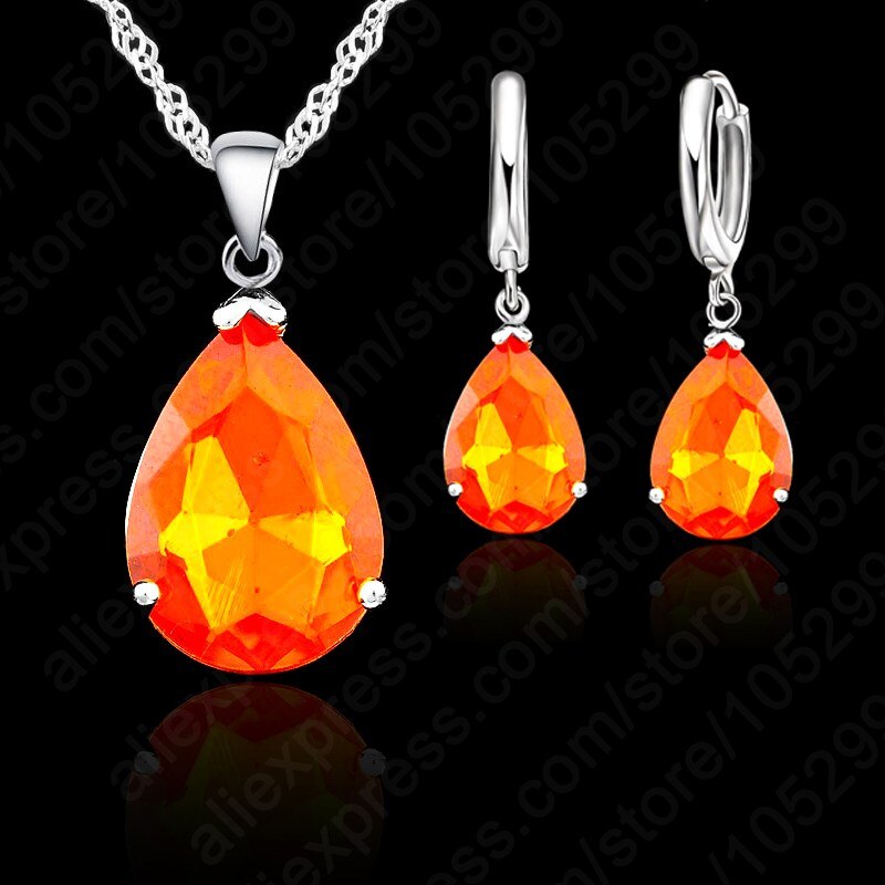 Vand kvinde fest bryllup smykker 925 sterling sølv cubic zircon øreringe halskæde sæt 9 farver: Orange