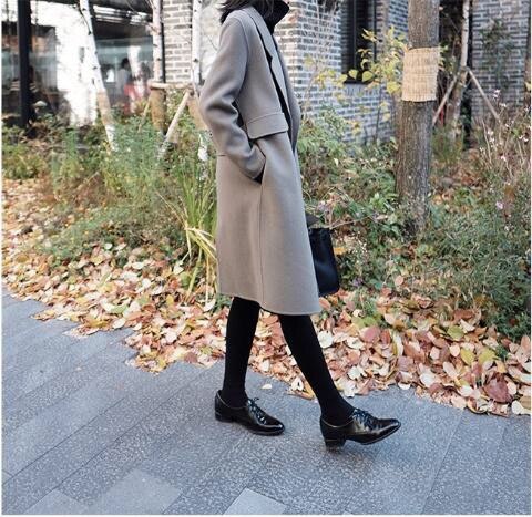 Open steek dames lange jassen herfst winter omslagkraag losse wolmix jas jas kantoor dame dames jassen: Grijsgroen / Xs