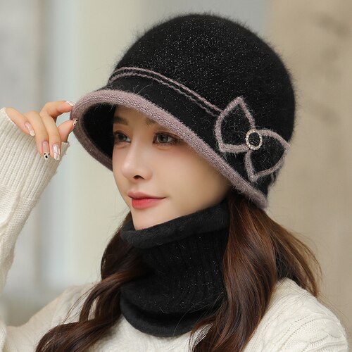 warm Girl Winter Autumn beret hat for women Wool knitted hat for mom Rabbit fur beret solid lady cap fall hat Female cap: Black / A single hat
