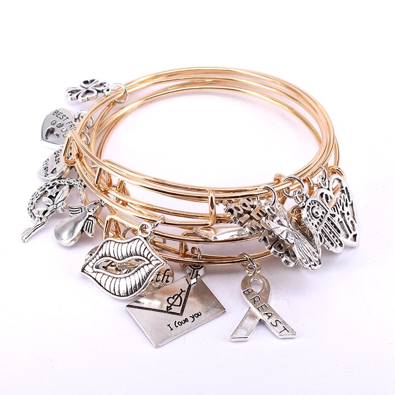 5 pçs conjunto de pulseiras de arame para mulheres meninas jewllery lábios misturados melhores amigos câncer de mama amor coração charme pulseiras c041: Cor dourada amarelo claro