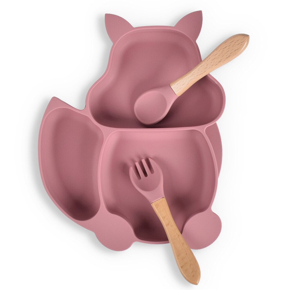 Baby Feeding Set Blue Silicone Suction Plate Squirrel Shape Self Feeding Training Stay Put Plate Soft Spoon Fork Dish Kit