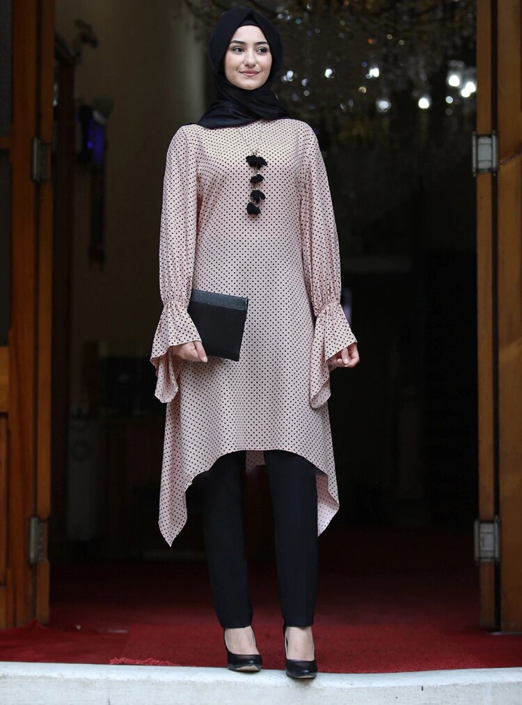 KALENMOS caftan musulman Abaya robe femmes été imprimé points Hijab longue Blouse hauts manches évasées asymétrique ourlet robes islamiques