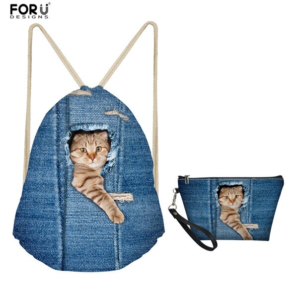 FORUDESIGNS-mochila con cordón para playa para niñas, bolsa de viaje de aseo personal, bolso de bolsillo de tela vaquera con patrón de gato, 2 piezas: H320Z3Z8