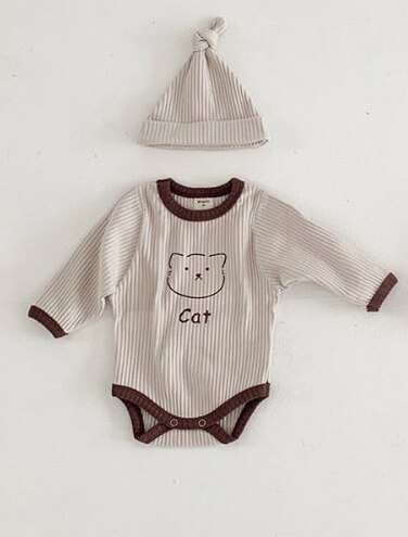 Leuke Kat Afdrukken Lange Mouw Overall Met Cap Baby Kids Effen Kleur Casual Outfits Baby Jongens En Meisjes Kleding: Beige / 3M (tag size 66cm)