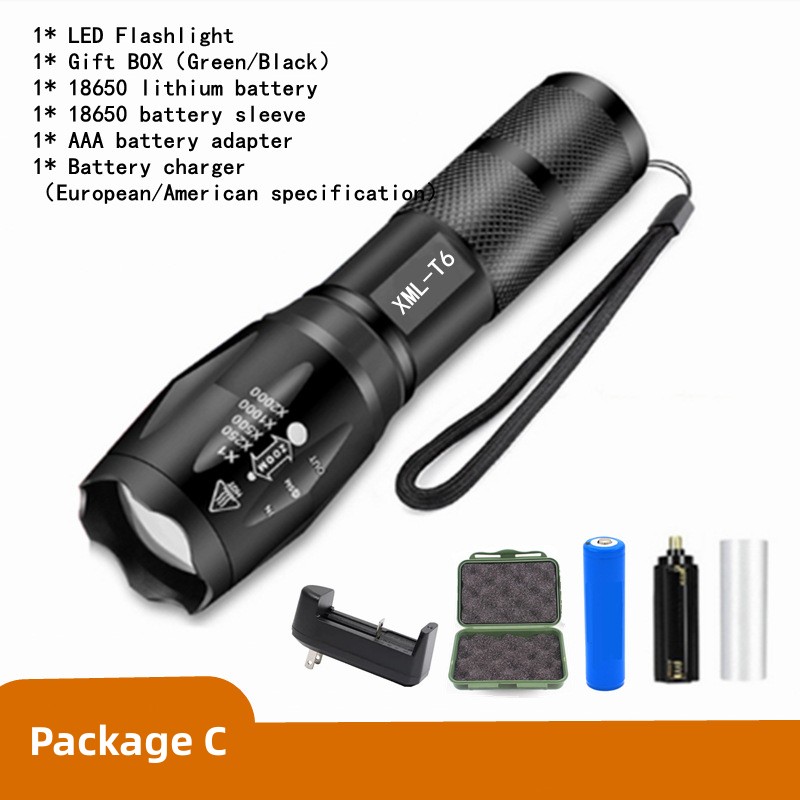 8000lm led oppladbar lommelykt xmlt 6 linser lommelykt bruker 18650 batterier 5 moduser vanntett camping kraftig led-lommelykt: Rgb