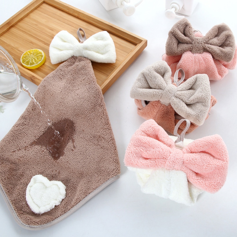 4 Stuks Zachte Absorberende Badkamer Keuken Leuke Strik Home Wipe Coral Fluwelen Snel Droge Handdoek Opknoping Wassen Vaatdoek Rag