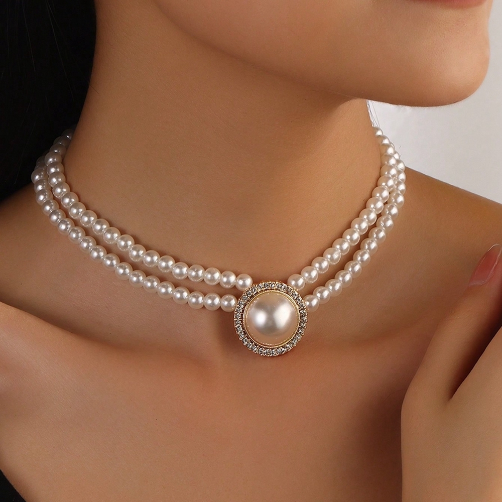 Bruidssieradenset met geometrische ronde strass-steentjes, imitatieparels, kralenketting en oorbellen, feestaccessoires voor dames: Goudkleurig