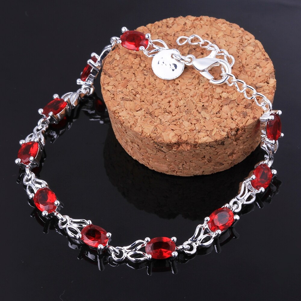 Leuke Konijnenoren Verzilverd CZ Zirkoon Party Accessoires Meisjes Armband Elegante Ovale Rubine Rood Oostenrijkse Kristallen Sieraden