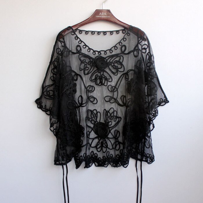 Zomer Toevallige Losse Oversized Dunne Mesh Borduren Bloemen Batwing Mantel Cape See-Through Kant Poncho Jas Feminino: black