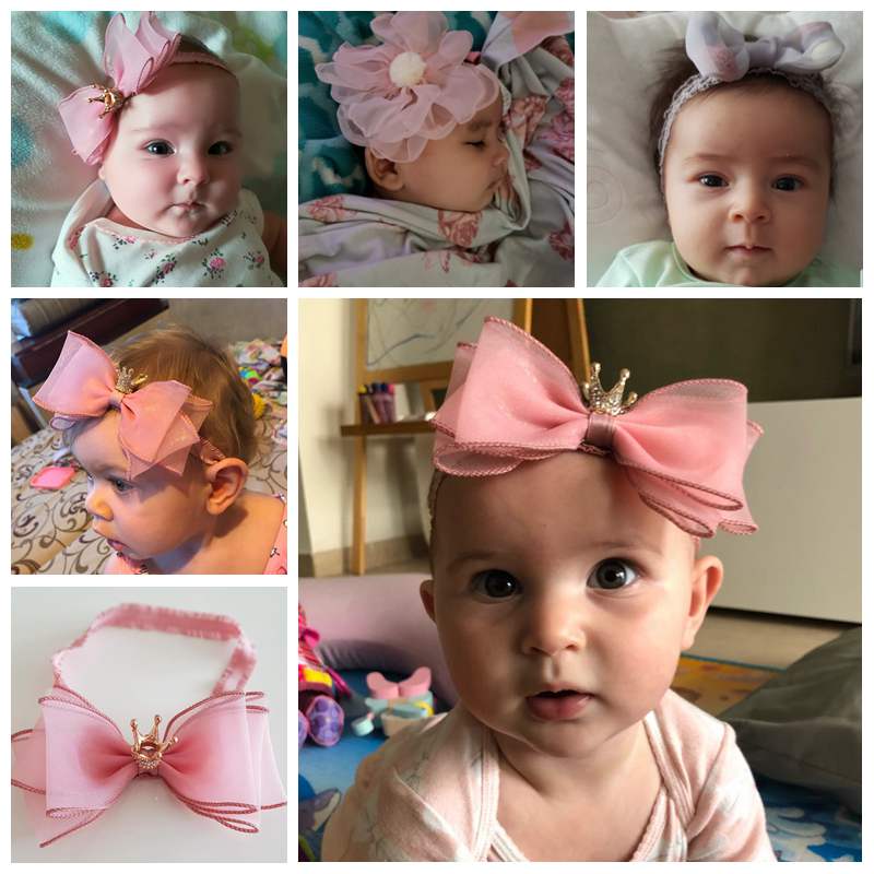 Baby Girls Bowknot Crown Headband Kids Lace Elastic Princess Hair Band Colorful Pompom Baby Hair Accessories