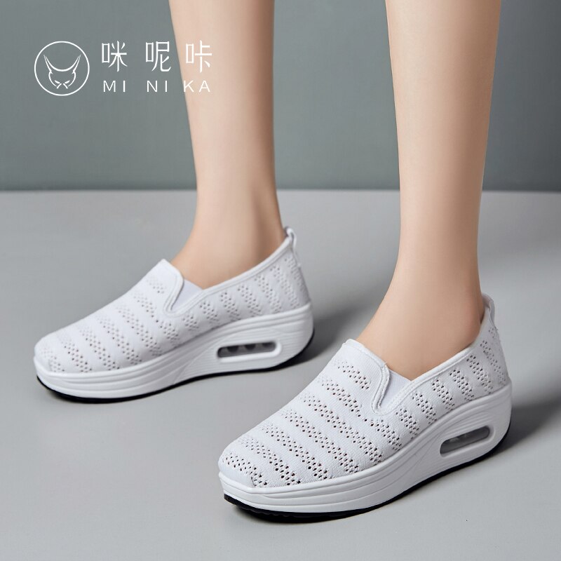 Women's Toning Shoes - Slip-On Fitness Sneakers - Air Cushion Body Shaping - Black/White/Gray