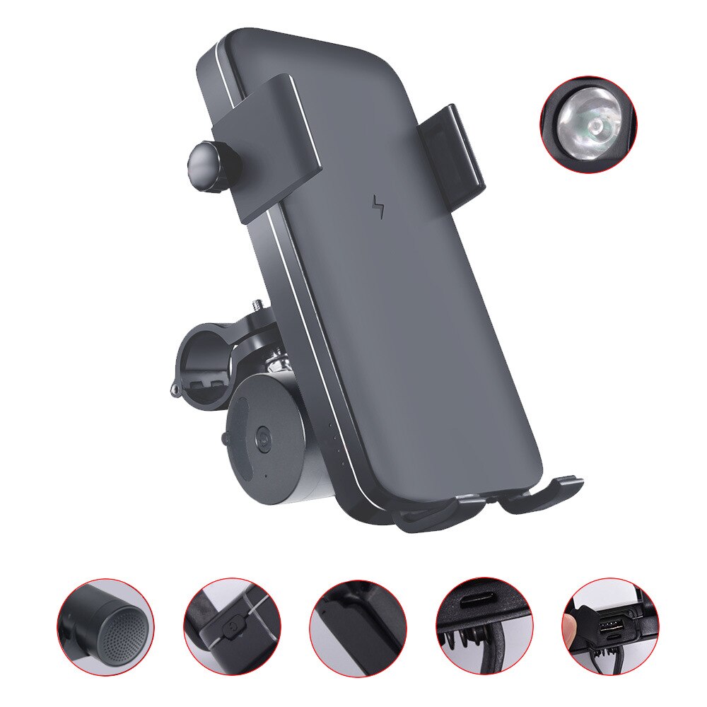 5000 MAh Wireless Charging Multifunction Bicycle Front Light with Power Bank Bike Phone Holder Bracket USB Bluetooth Speaker