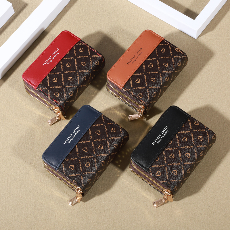 Mini portefeuille en similicuir avec double fermeture éclair, pochette classique compacte, fentes pour cartes multiples, poche coordonnante, protection RFID, chic
