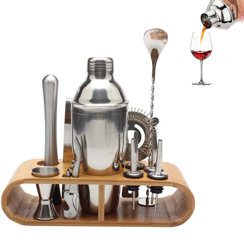 12Pcs/set 750ml Stainless Steel Cocktail Shaker Mixer Drink Bartender Kit Bars Set Tools With Wooden Stand for Home Bar Party