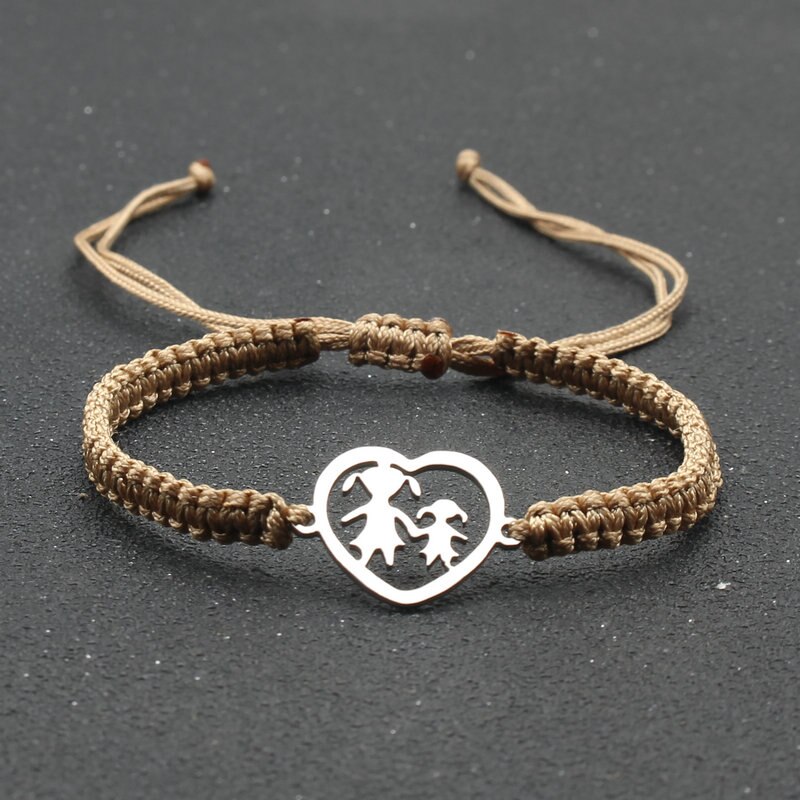 Ręcznie plecione liny bransoletka ze stali nierdzewnej w kształcie serca matka i córka uroku bransoletki dla kobiet biżuteria mankiet Pulsera: Khaki