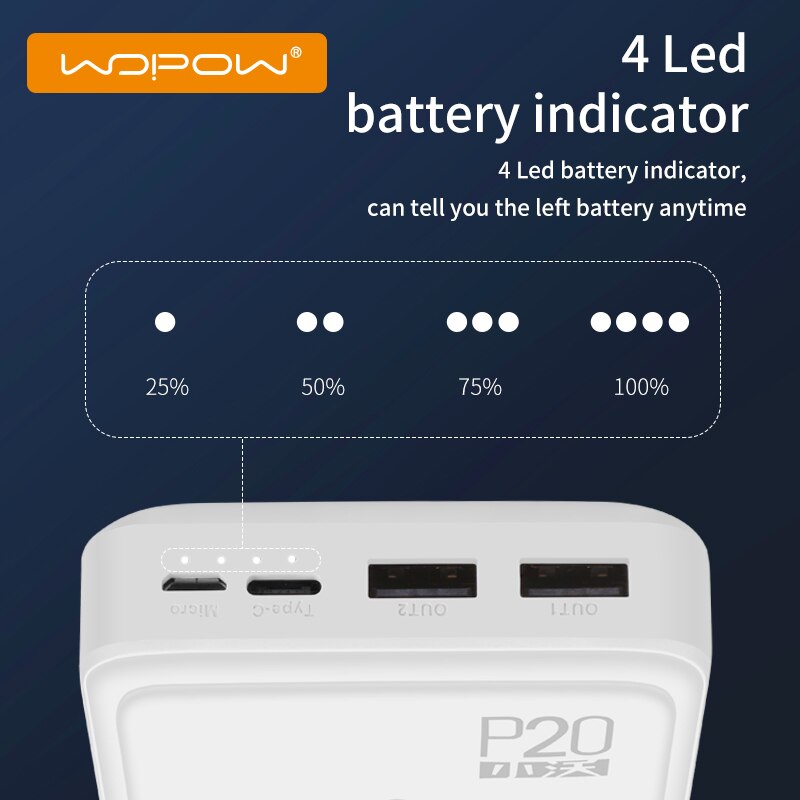 WOPOW Energie Bank 20000 mah Tragbare Ladegerät Poverbank praktisch LED Externe Batterie Ladegerät Energie 20000 mAh für Xiaomi