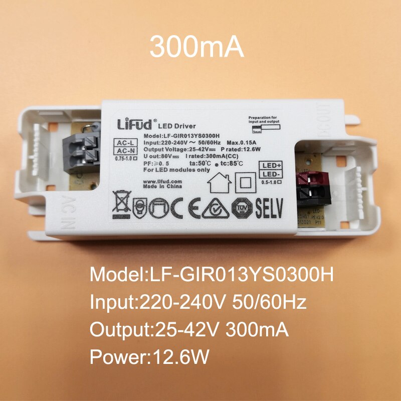 LiFud LED driver LF-GIR009YS LF-GIR013YS series 25-42V 135mA 160mA 180mA 200mA 250mA 300mA 350mA CE CB TUV SAA RCM Certification: LF-GIR013YS0300H