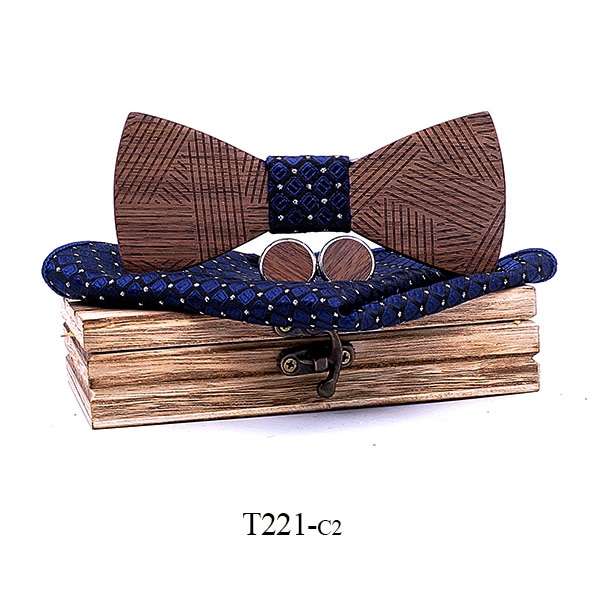 Conjunto de pajarita de madera a cuadros para hombre, conjunto de pajarita de madera a rayas, pañuelo y gemelos con caja de madera para hombre, de boda: T221-C2