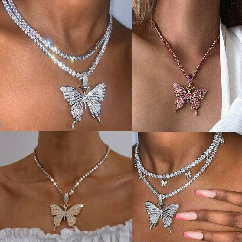 Vlinder Mooie Ketting Vintage Kristallen Hanger Vrouwen Goud Kleur Crescent Choker Kettingen Sieraden Blingbling Ketting