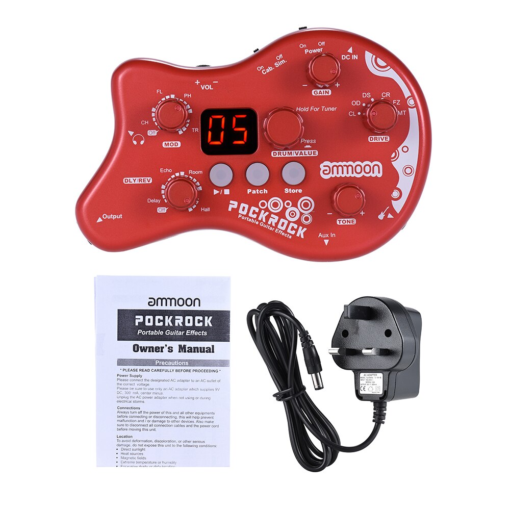 Ammoon PockRock, portátil, para guitarra, con múltiples efectos, procesador, efecto Pedal, 15 tipos de efecto, 40 tipos de batería, función de afinación: Red UK Plug