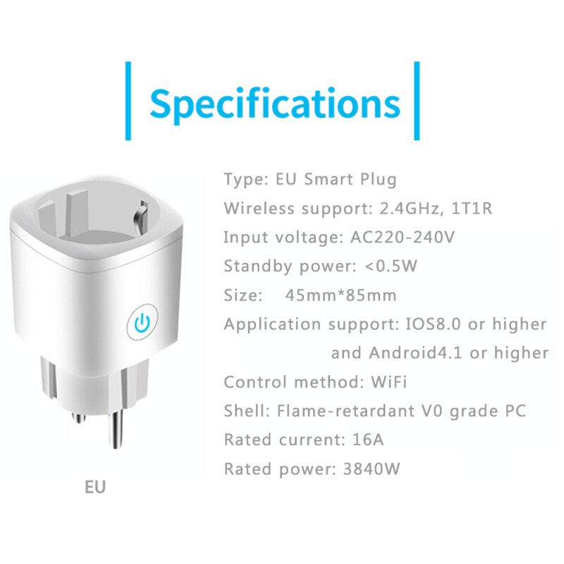 WIFI Smart Plug Socket 16A Power Monitor EU Plug Control Smart Timing Socket Wireless Outlet Voice Intelligent Control Alexa