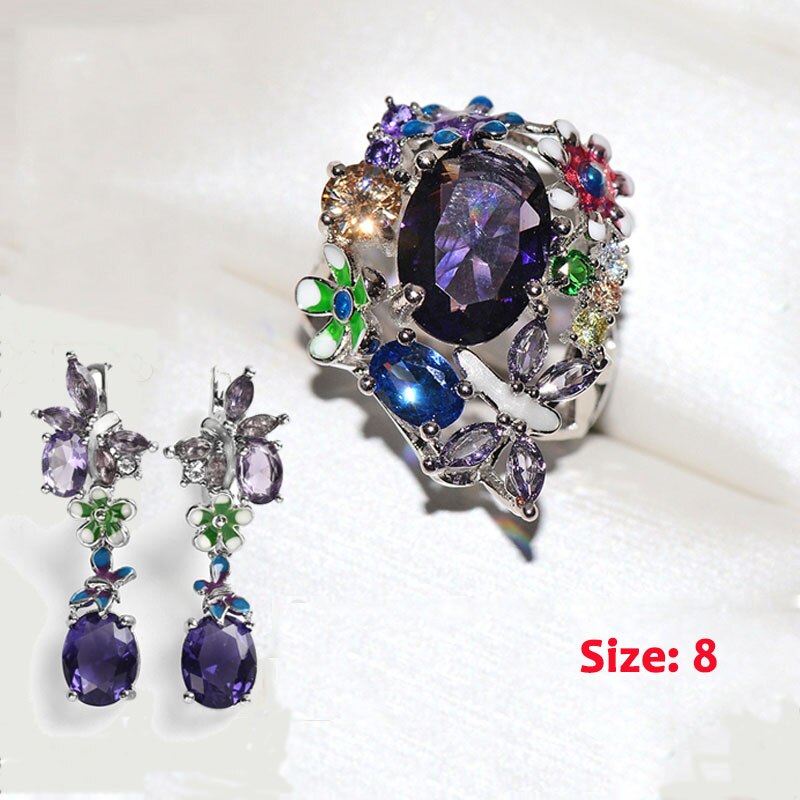 BAOSHINA Set di gioielli da sposa di lusso in zircone viola con fiore viola per donne Grils orecchini anello accessori gioielli femminili: 8