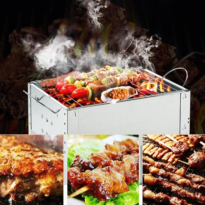 Portable Barbecue Grilling Stainless Steel Charcoal Rectangle Folding BBQ Barbecue Family Outdoor Camping Cooking Picnic Tool